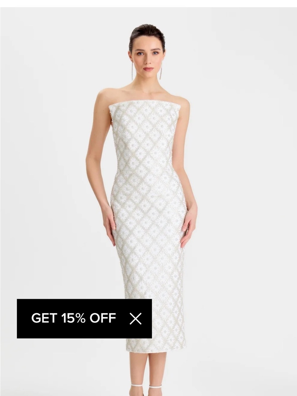 NADINE MERABI Strapless White Embroidered Midi Dress